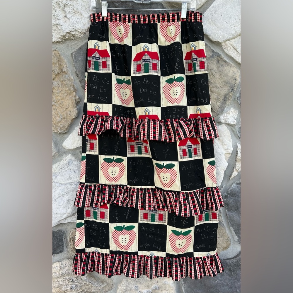 Hamilton Black, Red, Cream Patchwork Midi Skirt with Ruffle Tiers